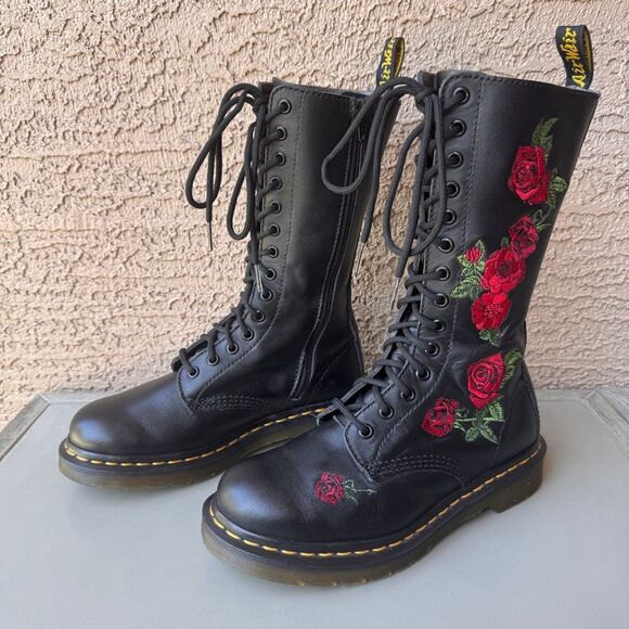 Dr. Martens Shoes - Dr Martens 1914 Vonda 14 Eye Lace Up Tall Boots Black Red Rose Womens 7US/38EU